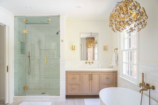 Bathroom, Dual Sink Vanities, Free Standing Baths, Glass Shower, Interior, Pendant Lights, Recessed Lighting