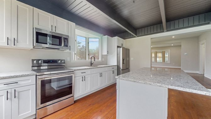 Interior, Kitchen, Recessed Lighting, Stainless Steel Appliances, Wooden Ceilings, Wood Texture Flooring