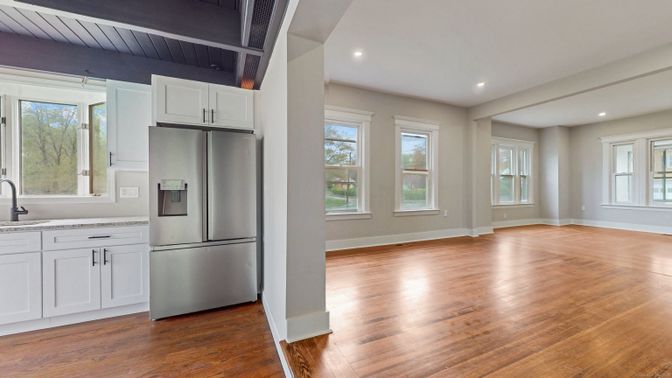 Interior, Kitchen, Recessed Lighting, Wood Texture Flooring