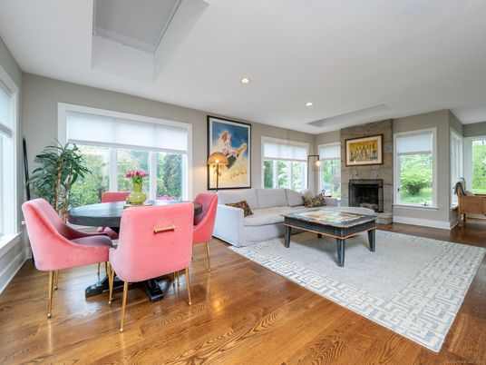Dining room, Fireplace, Interior, Living room, Recessed Lighting, Wood Texture Flooring