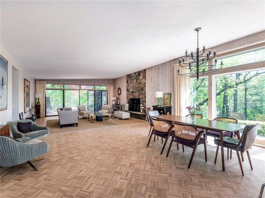 Dining room, Fireplace, Interior, Living room, Pendant Lights, Stone Walls, Wood Texture Flooring