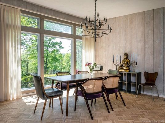 Dining room, Interior, Pendant Lights, Wood Texture Flooring, Wooden Walls