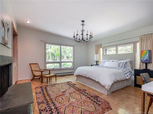 Bedroom, Chandelier, Interior, Recessed Lighting, Wood Texture Flooring