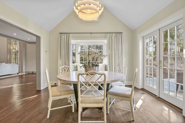 Dining room, Interior, Recessed Lighting, Wood Texture Flooring