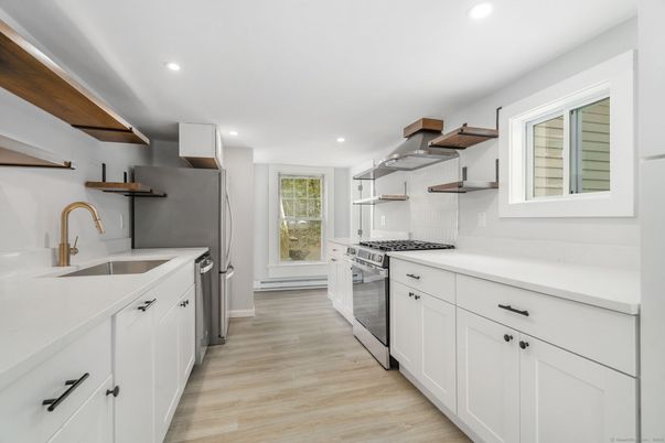 Interior, Kitchen, Recessed Lighting, Stainless Steel Appliances, Wood Texture Flooring