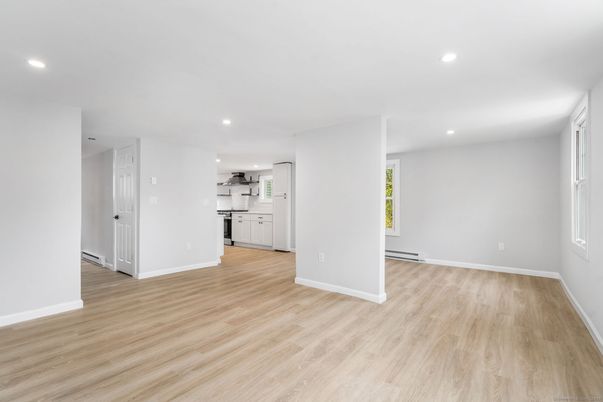Empty room, Interior, Kitchen, Recessed Lighting, Wood Texture Flooring