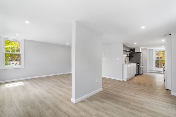Empty room, Interior, Kitchen, Recessed Lighting, Wood Texture Flooring