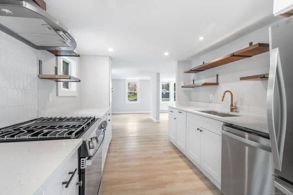 Interior, Kitchen, Recessed Lighting, Stainless Steel Appliances, Wood Texture Flooring