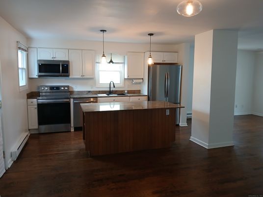 Interior, Kitchen, Pendant Lights, Stainless Steel Appliances, Wood Texture Flooring