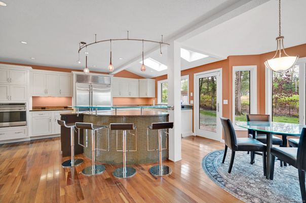 Dining room, Interior, Kitchen, Pendant Lights, Recessed Lighting, Stainless Steel Appliances, Wood Texture Flooring