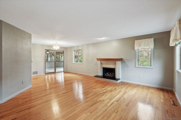Chandelier, Empty room, Fireplace, Interior, Wood Texture Flooring
