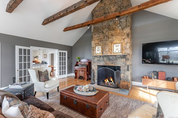Fireplace, Interior, Living room, Stone Walls, Wooden Beams, Wood Texture Flooring