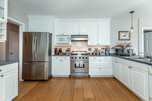 Interior, Kitchen, Pendant Lights, Stainless Steel Appliances, Wood Texture Flooring