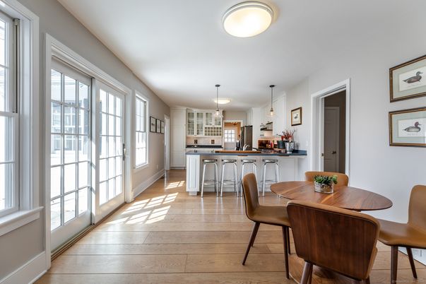 Dining room, Interior, Kitchen, Pendant Lights, Wood Texture Flooring
