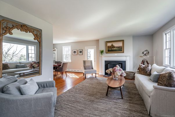 Dining room, Fireplace, Interior, Living room, Wood Texture Flooring
