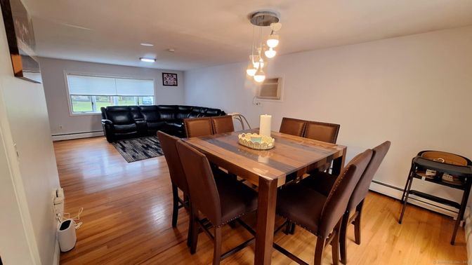 Dining room, Interior, Living room, Pendant Lights, Wood Texture Flooring