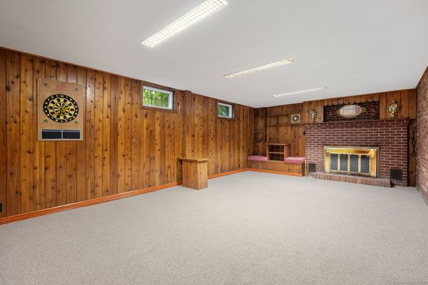 Empty room, Fireplace, Interior, Recessed Lighting, Wooden Walls