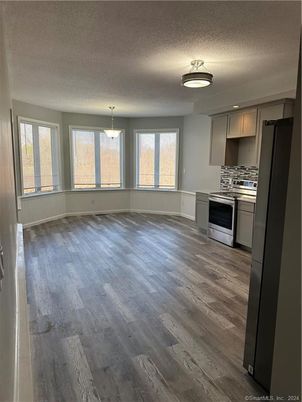 Empty room, Interior, Kitchen, Pendant Lights, Stainless Steel Appliances, Wood Texture Flooring