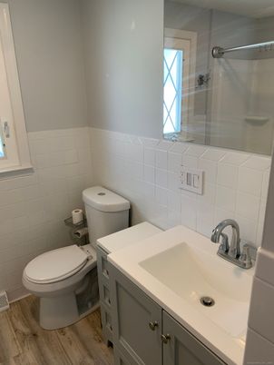 Bathroom, Glass Shower, Interior, Wood Texture Flooring