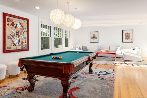 Billiard Table, Game Room, Interior, Pendant Lights, Recessed Lighting, Wood Texture Flooring