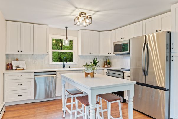 Interior, Kitchen, Pendant Lights, Stainless Steel Appliances, Wood Texture Flooring