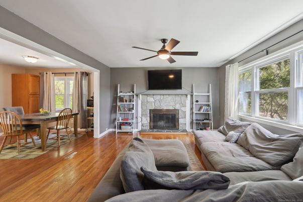 Dining room, Fireplace, Interior, Living room, Wood Texture Flooring
