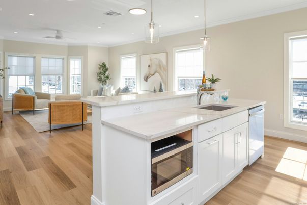 Interior, Kitchen, Living room, Pendant Lights, Recessed Lighting, Wood Texture Flooring