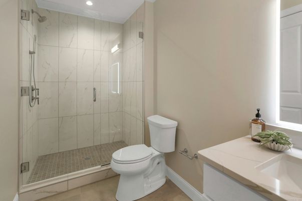 Bathroom, Glass Shower, Interior, Marble Walls, Recessed Lighting
