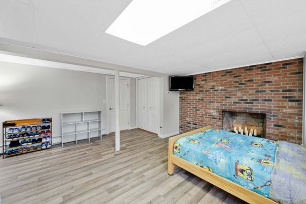 Bedroom, Fireplace, Interior, Stone Walls, Wood Texture Flooring