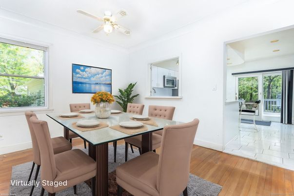 Dining room, Interior, Recessed Lighting, Wood Texture Flooring