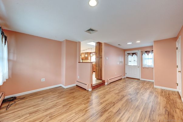 Empty room, Interior, Pendant Lights, Recessed Lighting, Wood Texture Flooring
