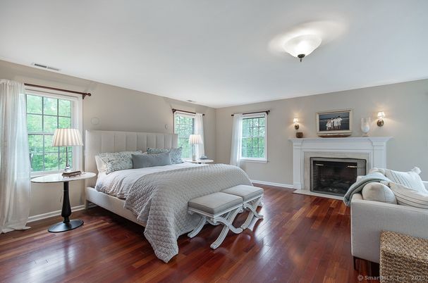 Bedroom, Fireplace, Interior, Wood Texture Flooring