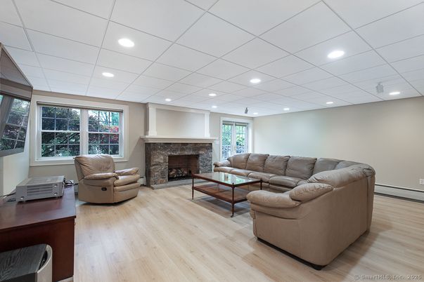 Fireplace, Interior, Living room, Recessed Lighting, Wood Texture Flooring
