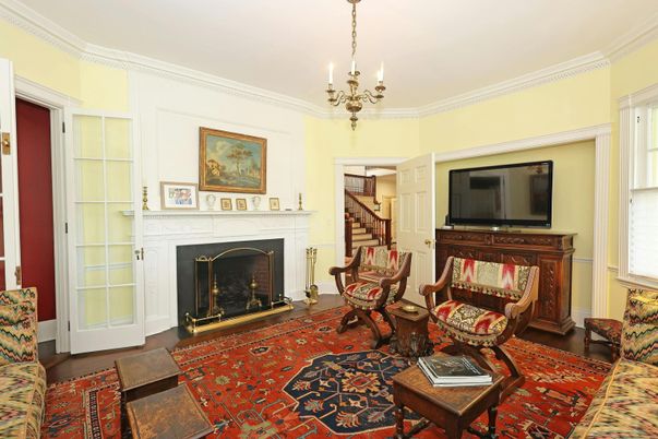 Chandelier, Fireplace, Interior
