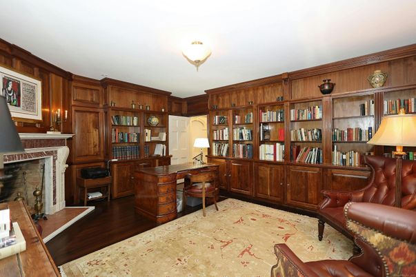Fireplace, Home Office, Interior, Wood Texture Flooring, Wooden Walls