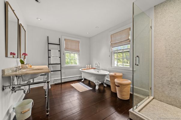 Bathroom, Free Standing Baths, Glass Shower, Interior, Recessed Lighting, Wood Texture Flooring