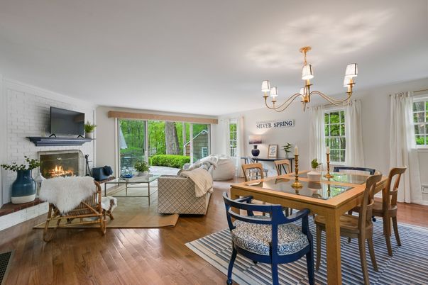 Chandelier, Dining room, Fireplace, Interior, Living room, Wood Texture Flooring