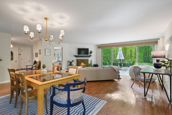 Chandelier, Dining room, Fireplace, Interior, Living room, Wood Texture Flooring