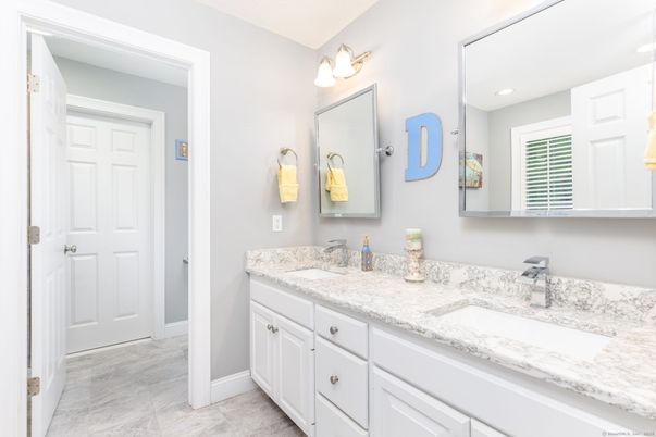 Bathroom, Dual Sink Vanities, Interior, Marble, Recessed Lighting