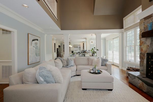 Dining room, Fireplace, Interior, Kitchen, Living room, Pendant Lights, Recessed Lighting, Wood Texture Flooring