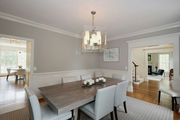 Dining room, Interior, Pendant Lights, Wood Texture Flooring