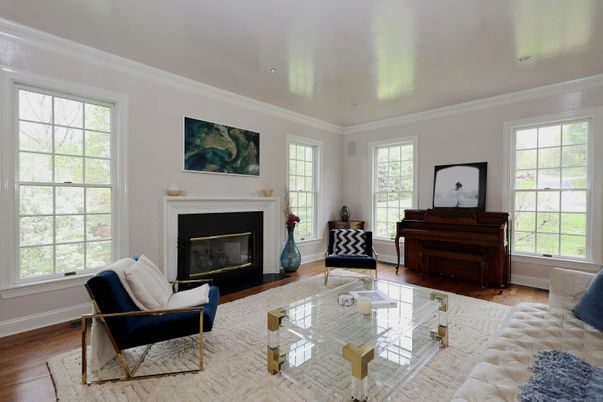 Fireplace, Interior, Living room, Piano, Recessed Lighting, Wood Texture Flooring
