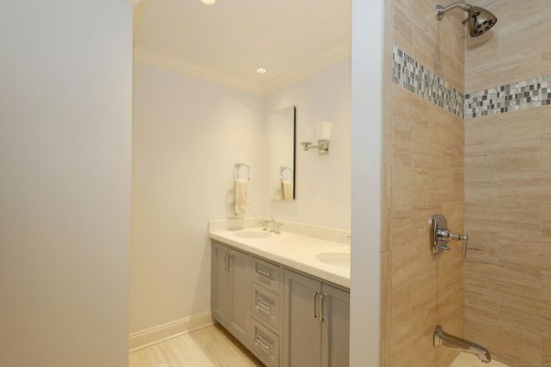 Bathroom, Dual Sink Vanities, Interior, Recessed Lighting, Wood Texture Flooring