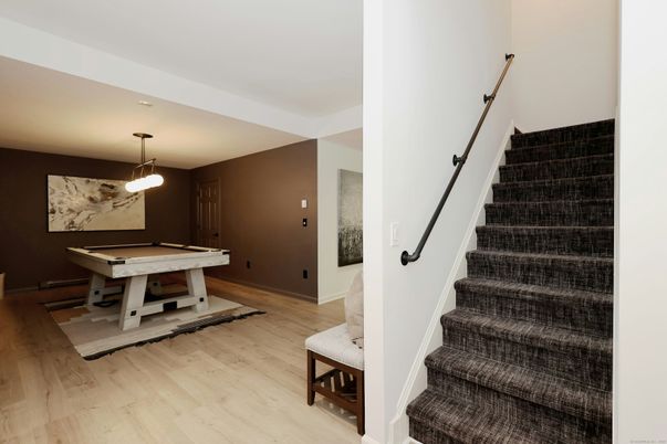 Billiard Table, Game Room, Interior, Pendant Lights, Wood Texture Flooring