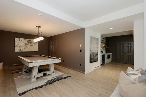 Billiard Table, Game Room, Interior, Pendant Lights, Recessed Lighting, Wood Texture Flooring