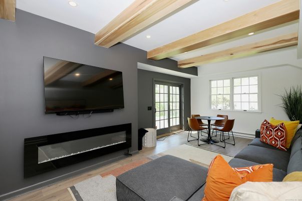 Dining room, Interior, Living room, Recessed Lighting, Wooden Beams, Wood Texture Flooring