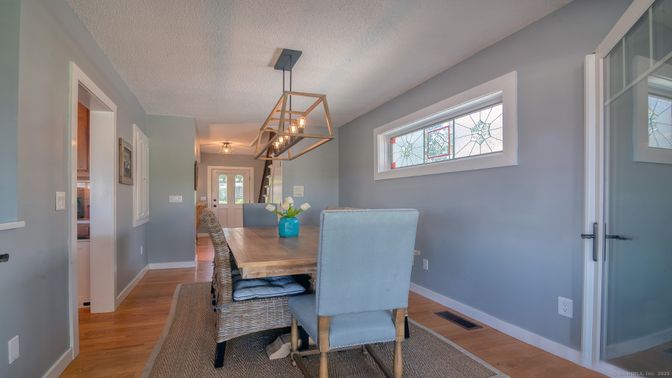 Dining room, Interior, Pendant Lights, Wood Texture Flooring