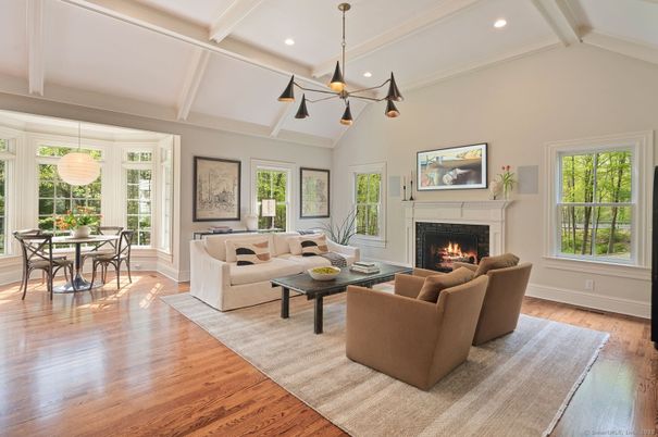 Dining room, Fireplace, Interior, Living room, Pendant Lights, Recessed Lighting, Wood Texture Flooring
