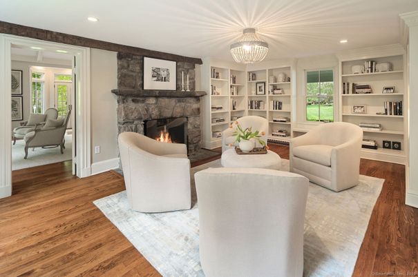 Chandelier, Fireplace, Interior, Living room, Recessed Lighting, Wood Texture Flooring