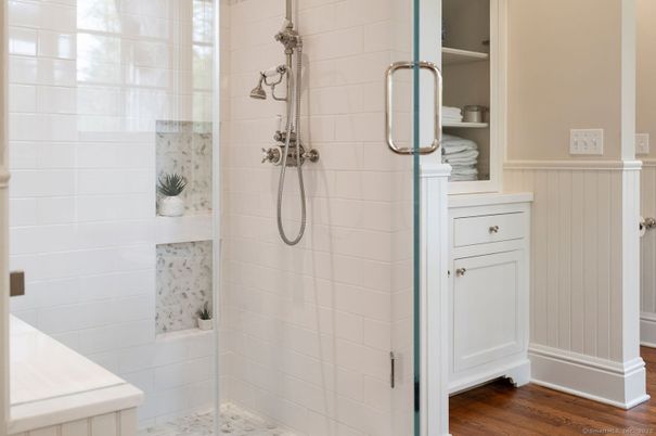 Bathroom, Glass Shower, Interior, Wood Texture Flooring